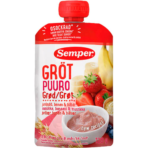 Grød med jordbær, banan og blåbær fra 6 mdr.