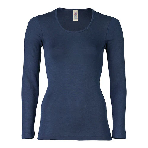 Langærmet bluse, uld/silke, Navy, str. 42/44