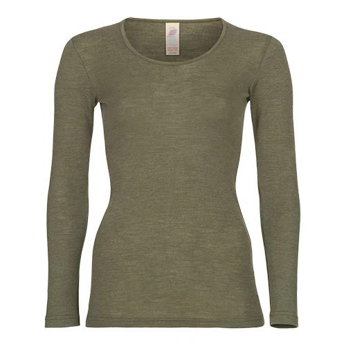 Langærmet bluse, uld/silke, Olive, str. 46/48