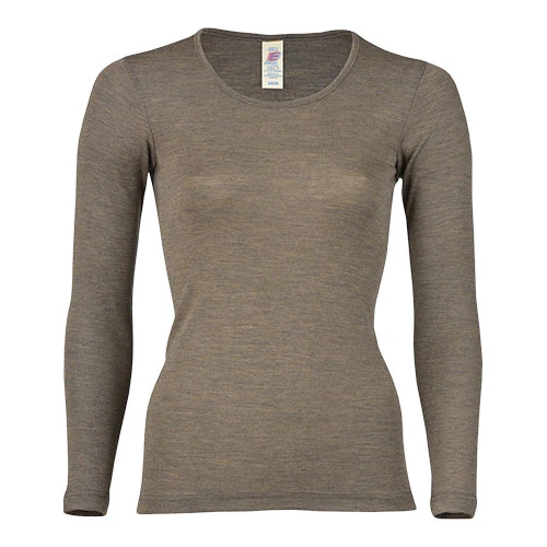 Langærmet bluse, uld/silke, Walnut, str. 42/44